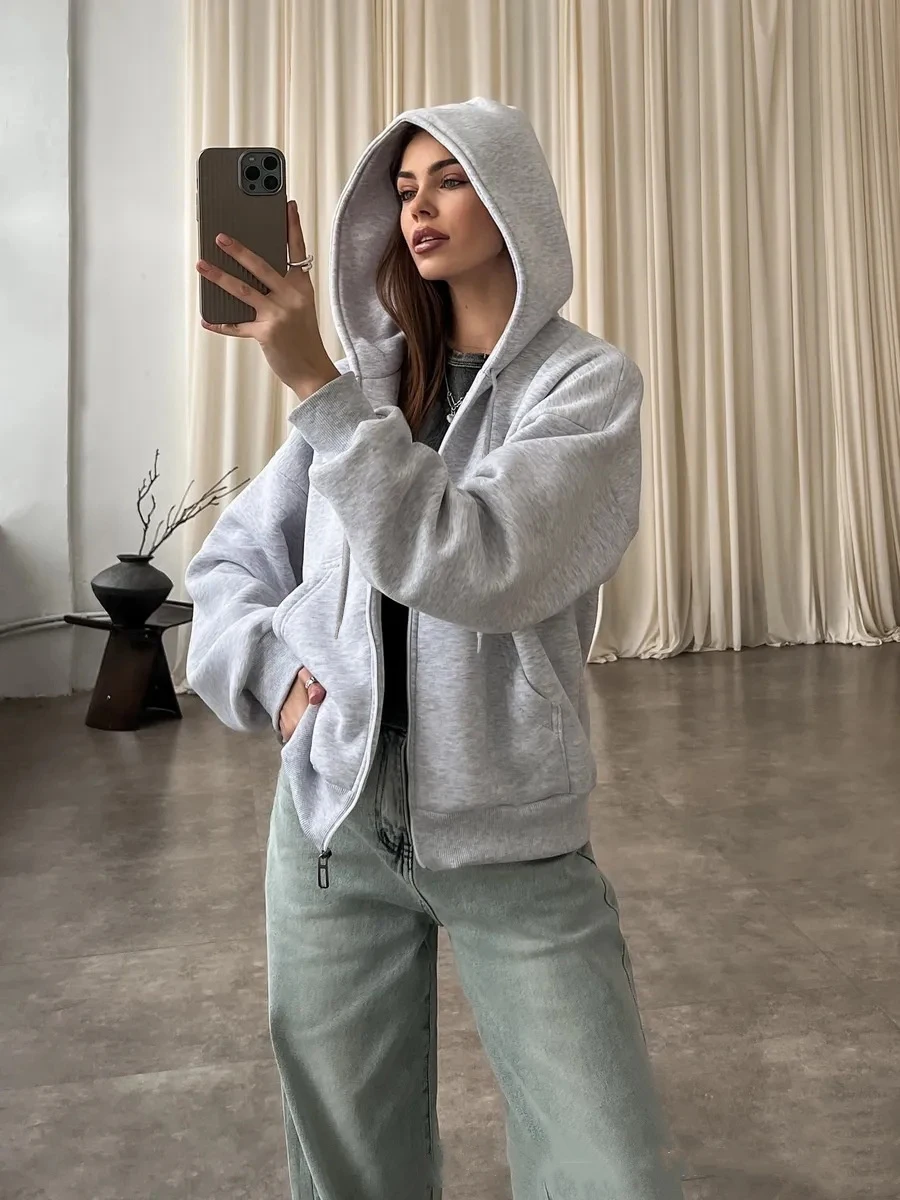 

Elegant 2025 Autumn Winter Warm Hoodies Fashion Women Long Sleeve Zipper Solid Hooded Jackets Y2K Streetwear Solid Sweatshirts