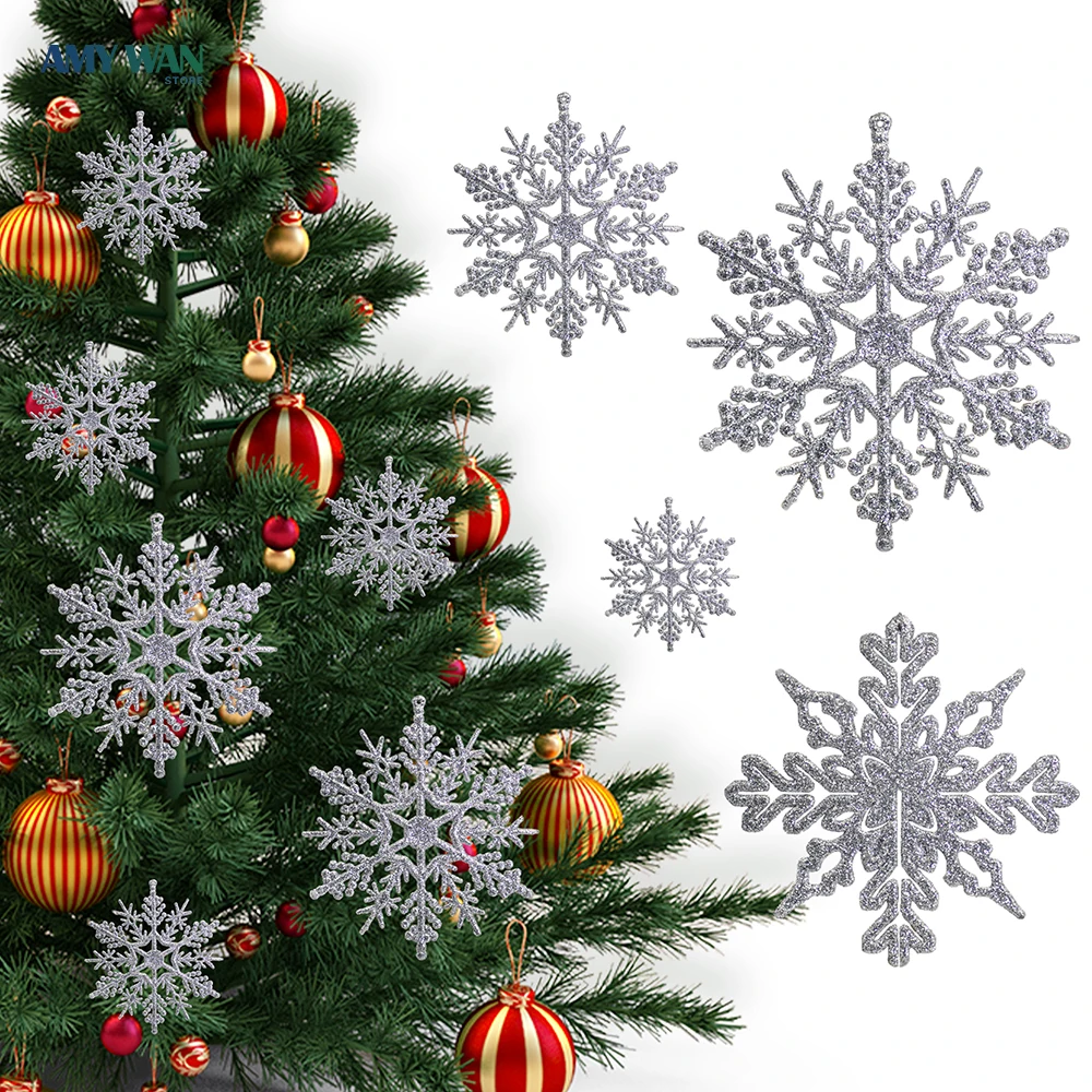 40pcs /Pack Silver Christmas Plastic Glitter Snowflake Wedding Party New Year Xmas Tree Pendants Window Decor Noel Gifts Navidad