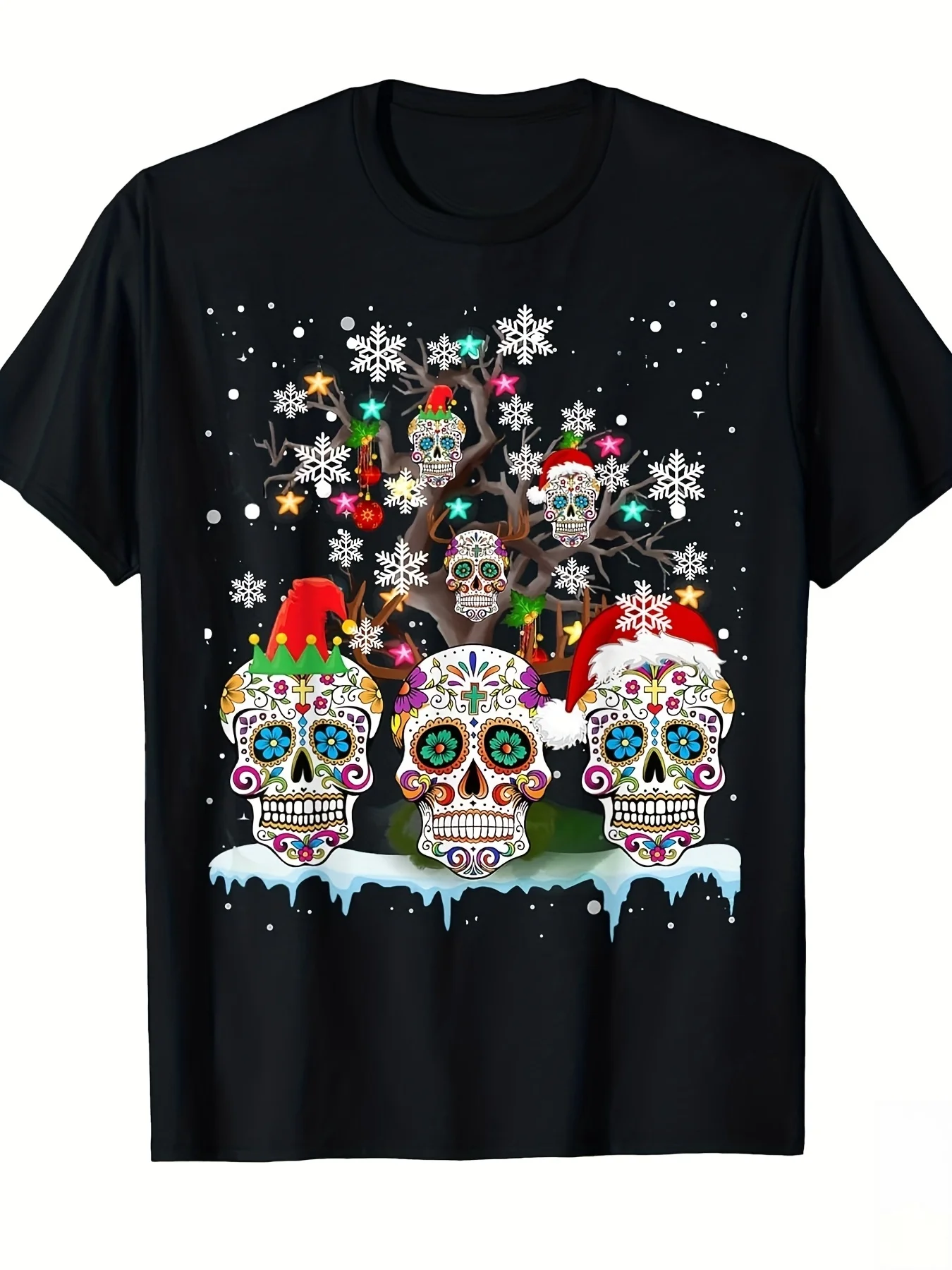 Artistic Xmas Sugar Skull Tree Snowflake Print T Shirt Santa Elf Hat Design Men Women Short Sleeve Crew Neck Casual Tee