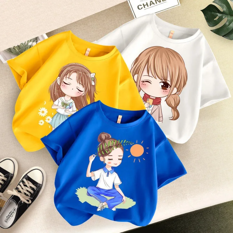 140 150cm 3 4 6 8 10 12Years Old New Summer Baby Girls Sweatshirts Children Cartoon Short Sleeve Sweater Kids T-shirt Clothes