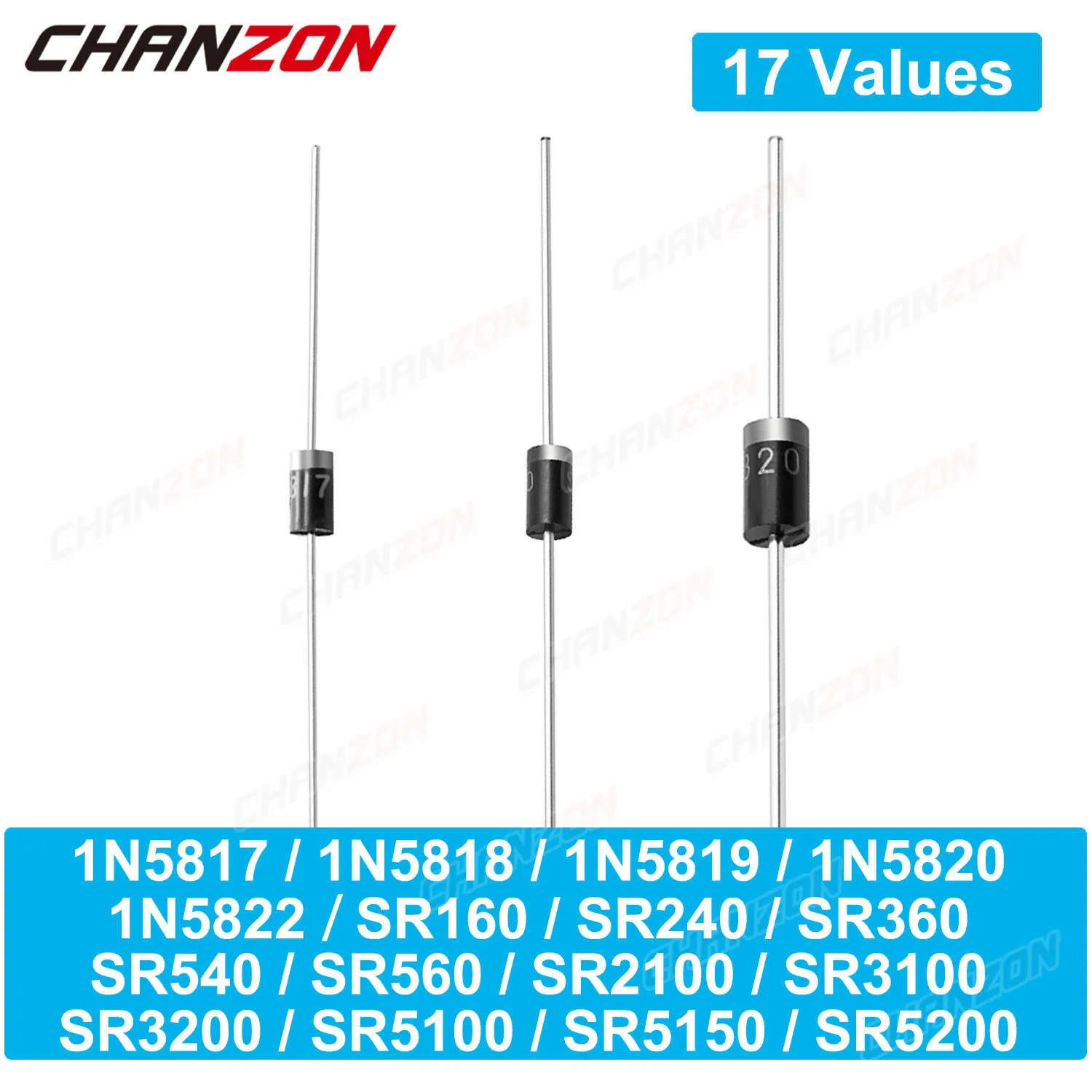 Diode Schottky, 1N5817 1N5818 1N5819 SR160 SR240 SR260 SR2100 1N5820 1N5822 SR360 SR3100 SR3200 SR540 SR560 SR5100 SR5150 SR5200