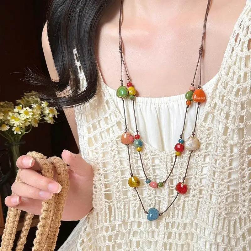 Colorful Ceramic Necklace Boho Style Handmade Adjustable Necklace Simple Woven Rope Ceramic Necklace