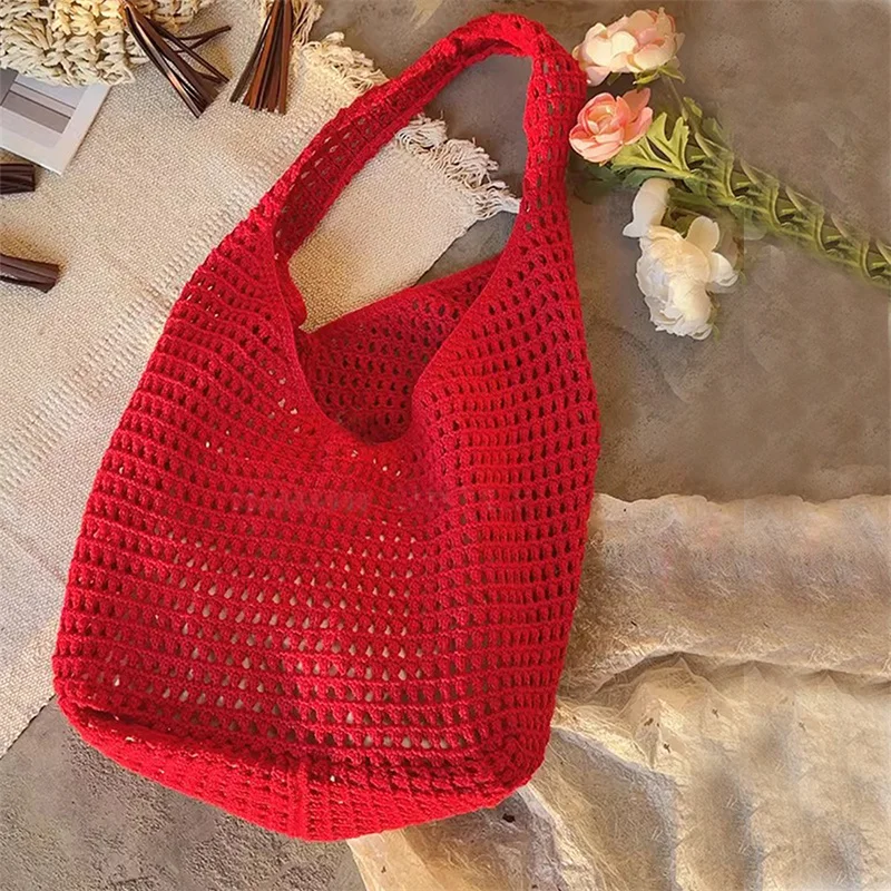 Gehäkelte Umhängetasche, Freizeit, Strand, hohle Handtasche, einfarbig, Urlaub, gewebte Tragetasche, Sommer