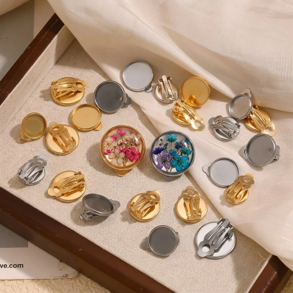 10 Stück 8-14mm Edelstahl-Ohrclips mit Rohling-Basis für Cabochon-Fassungen, Ohrring-Clips für DIY-Schmuckherstellung – Detail 1