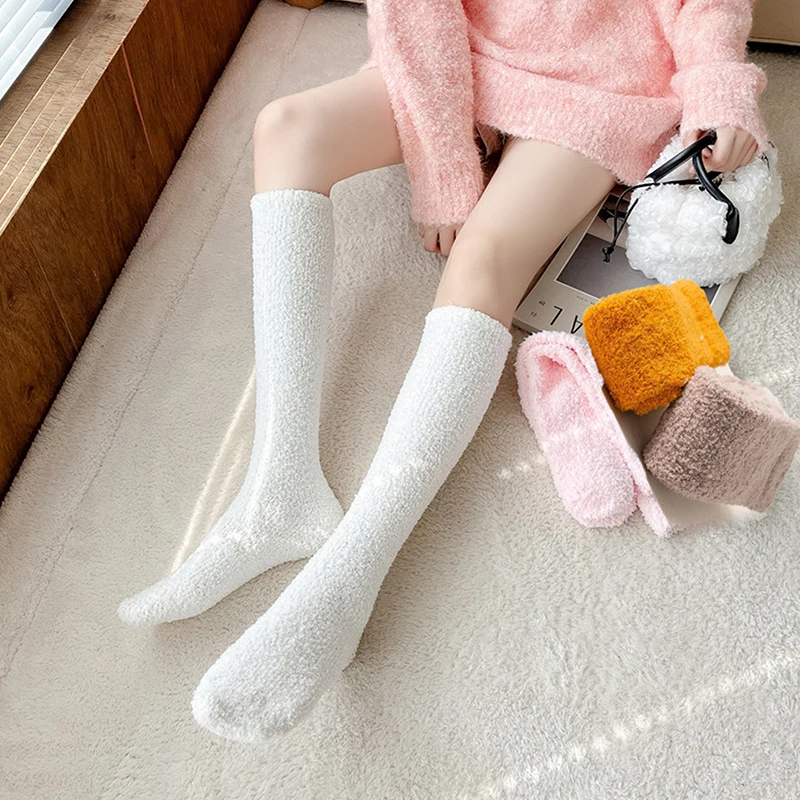 Coral Velvet Long Japanese College Style Socks .Winter Padded Thickened Warm Home Sleep Socks Mid-calf Stocking