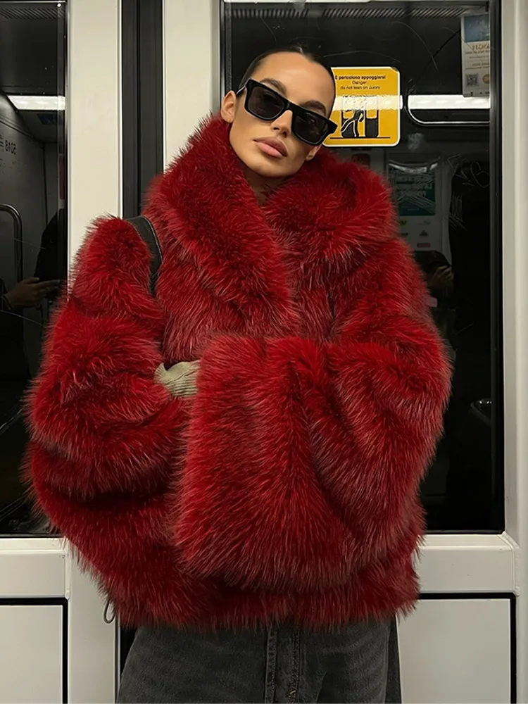 Fashion Red Warm Fluffy Long Sleeves Faux Fur Coat Elegant Hooded Solid Color Loose Short Jacket New Woman Winter Commuter Wear