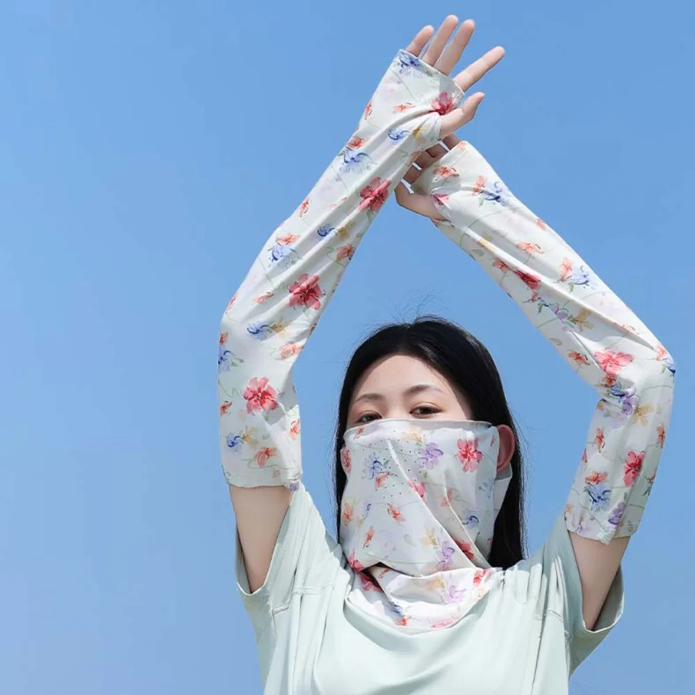

3 шт. дышащая маска из ледяного шелка с цветочным принтом, быстросохнущая эластичная солнцезащитная маска на руку, шнурок, полиэстер, ледяной шелк, солнцезащитные рукава