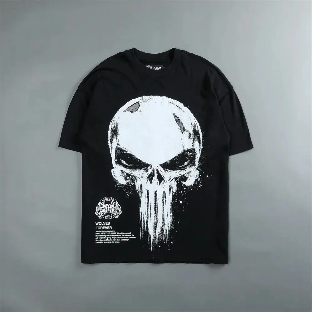 WOLVES SHE Jointly Skull Print Cotton Men Hip Hop T-shirt Casual Women 240G Cotton Short Sleeve Couple Unisex Tees Tops