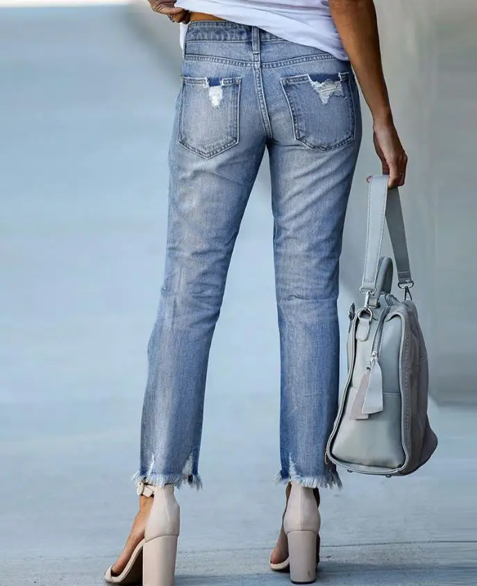 2023 New Pants for Women Fashion Denim Daily Plain Zipper Fly Cutout Ripped Raw Hem Cutout Washed Skinny Jeans