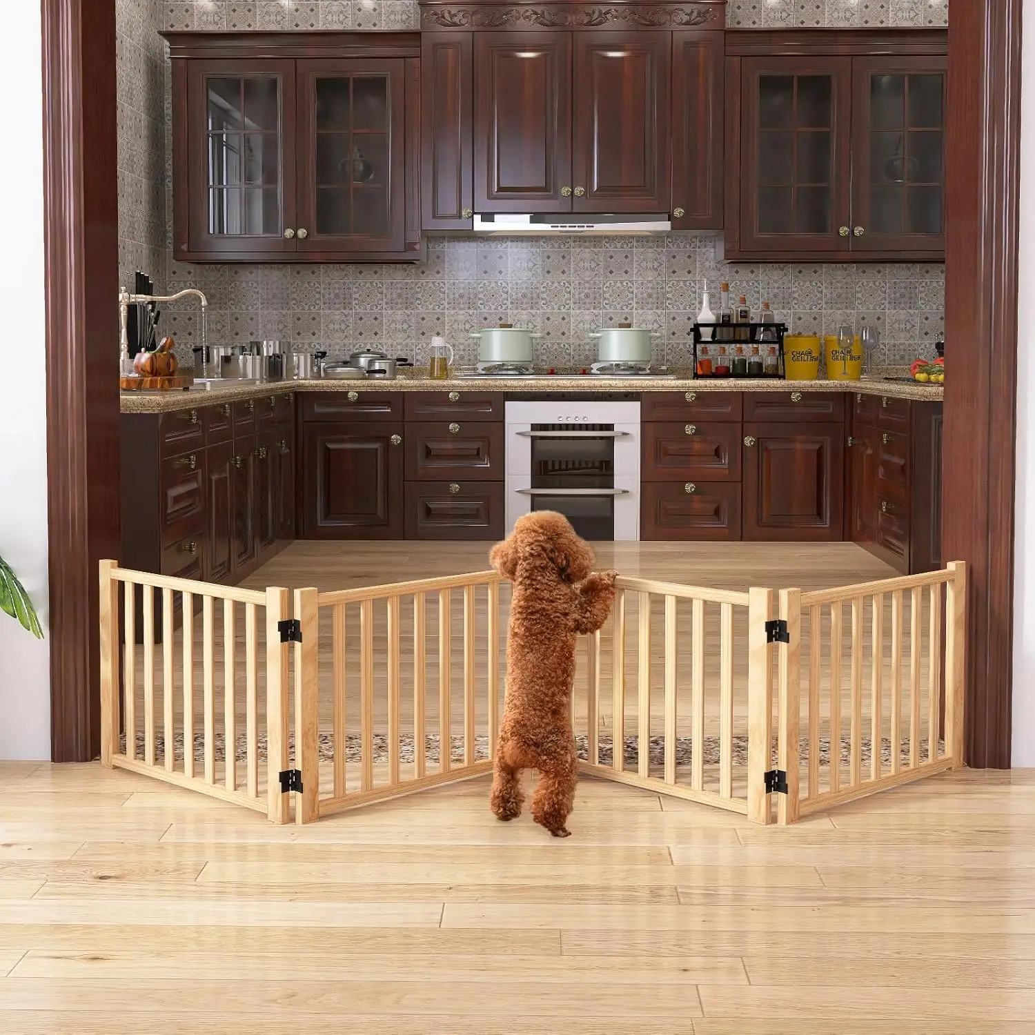 

Paint-Free Wooden Freestanding Dog Gate for Indoor Use, Doorways, Stairs - 4 Panel, Height 16.9 Inches