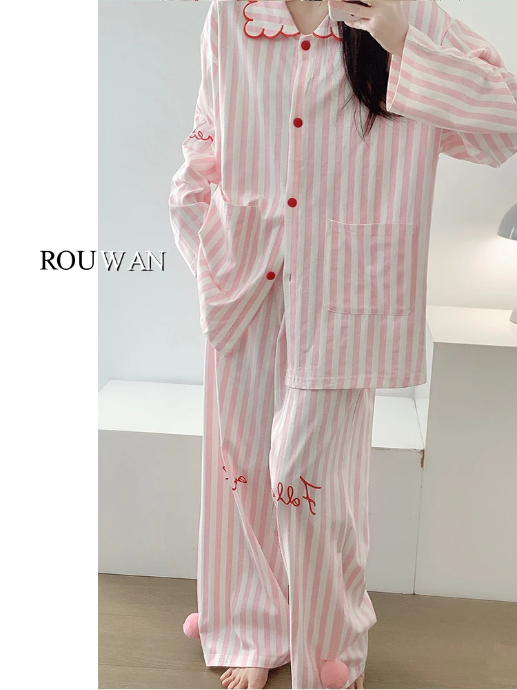 

Sweet Pink Striped Women's Spwear Long Sve Long Pants Casual Home Clothes Set Spring Autumn High Design plus Size