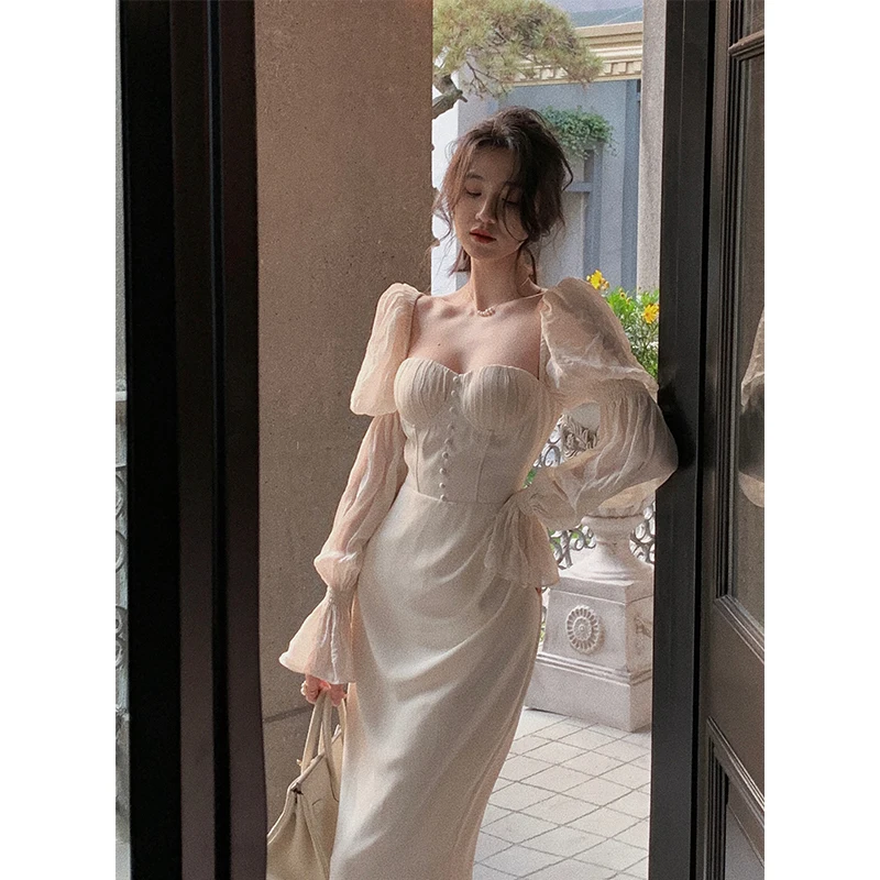 MEXZT Vintage głęboki dekolt sukienka Midi kobiety elegancka na imprezę bal sukienki syrenka letnie koreańskie z długim rękawem Bodycon trąbka Vestidos