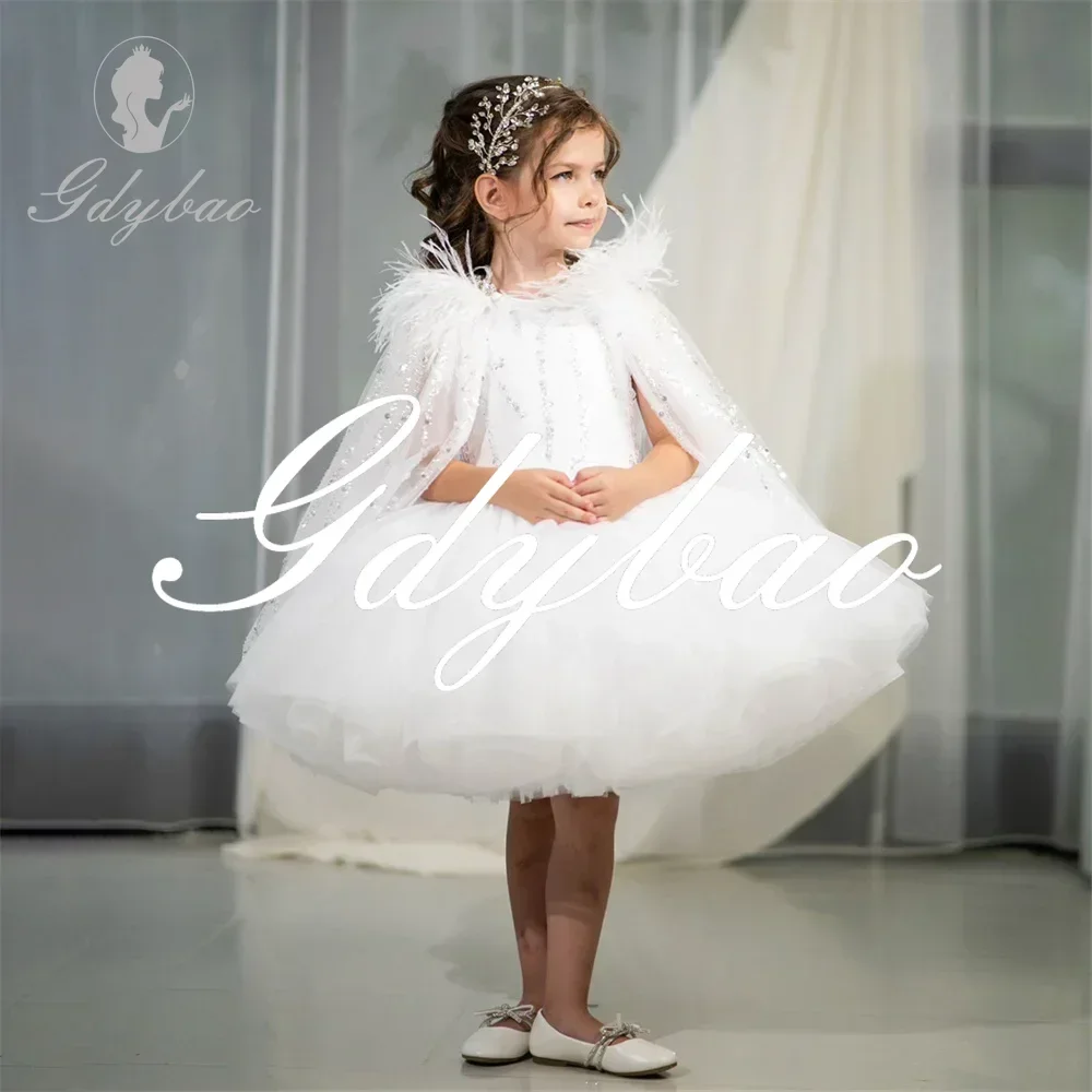 

Feather Luxury Princess Wedding Party Flower Girl Dress Sleeveless Knee Length Full Ball Formal First Communion Gown New 2024