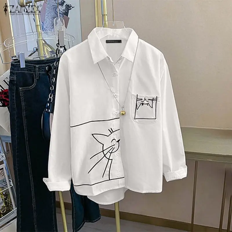 

Женская модная блузка ZANZEA с длинным рукавом и принтом кошки, элегантная, весна-осень 2026, с отложным воротником, на пуговицах, повседневная, свободная, для офиса