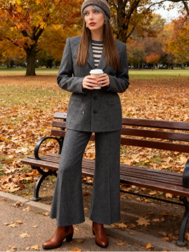 

Повседневный шерстяной пиджак, комплект брюк, женский комплект с лацканами на плечах, куртка с завязкой на талии, широкие брюки, осень-зима 2024, новые женские наряды
