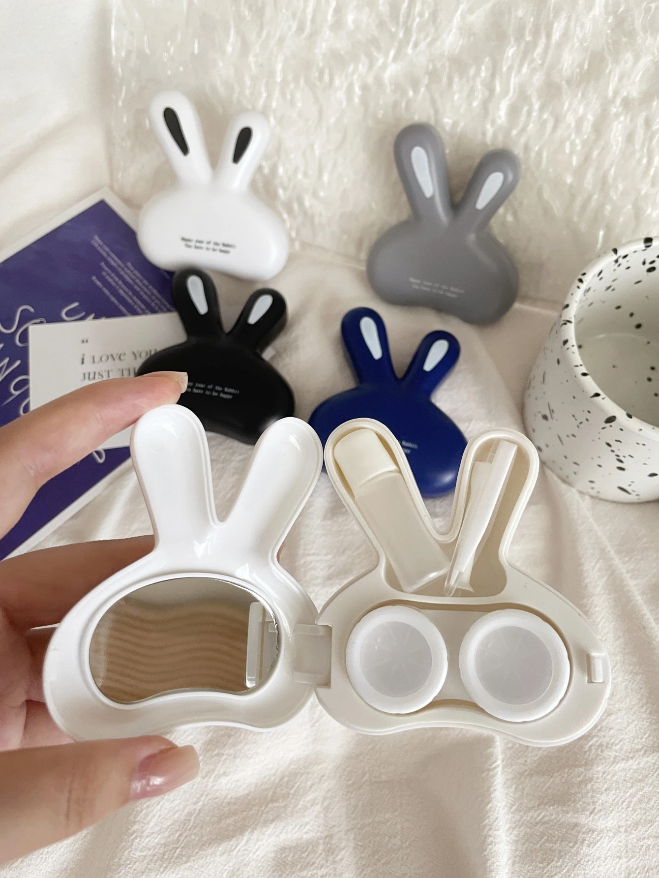 Cute Bunny Contact Lens Case Unique Design Colored Lens Box Portable Care Box with Mirror Couple Box Multiple Colors Available