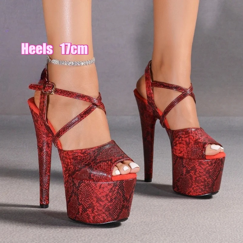 

New Summer Red Women's Sandals Thin Heels 17cm Platform 7cm Cross Ankle Buckle Strap Round Toe Ladies Pumps Stiletto Party Shoes
