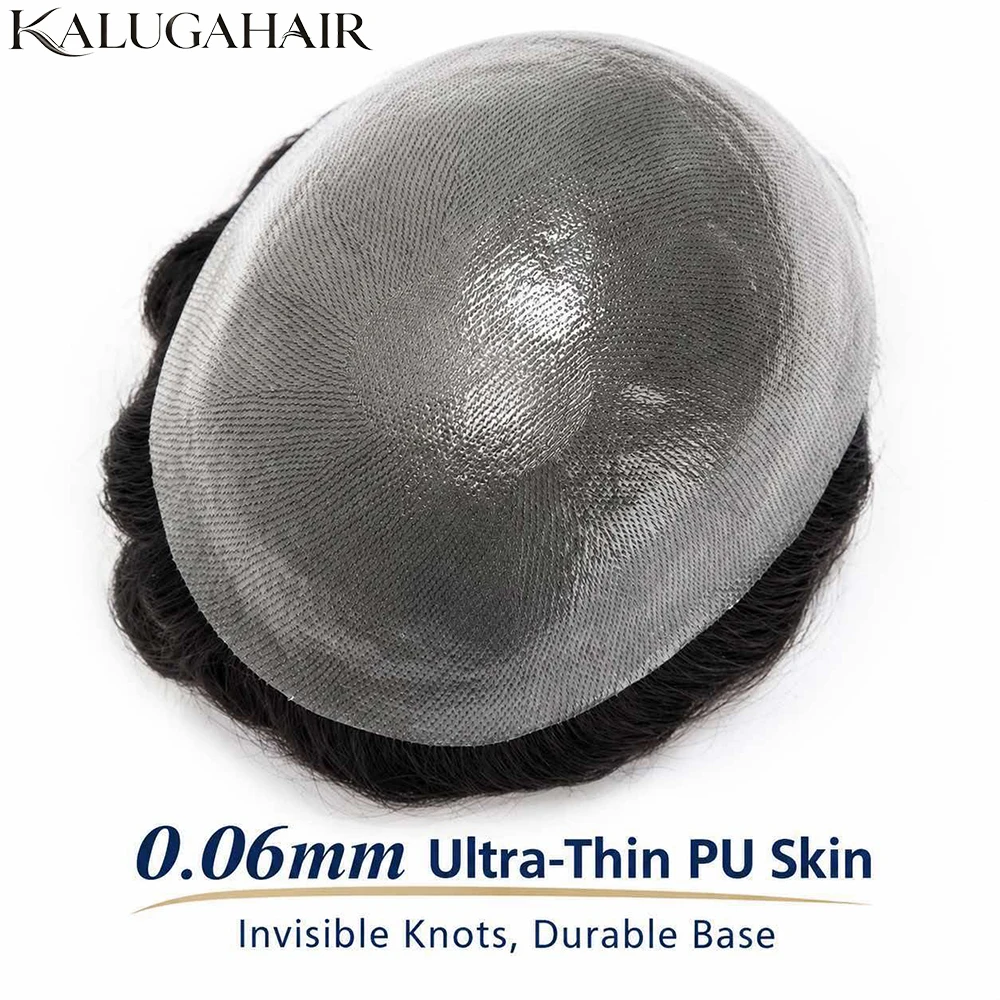 0.06mm Thin Skin Base Men Toupee Invisible Knots Human Hair Men's Capillary Prosthesis V-loop Hairline Male Wig Hair System