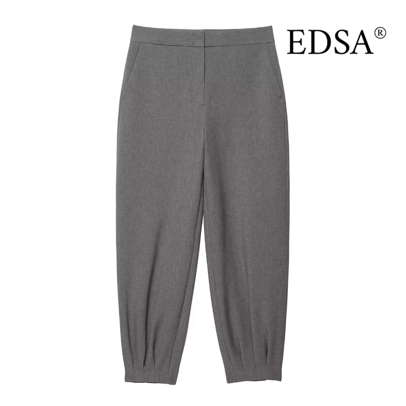 EDSA Calças femininas cinza puff para senhora do escritório cintura média com botão interno calças compridas