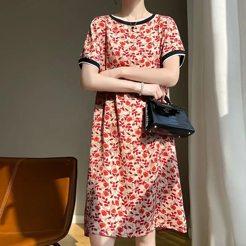 

2024 Summer New Acetate Satin Women's Dress Loose Commuter Casual Printed Splicing Straight Tube Dress