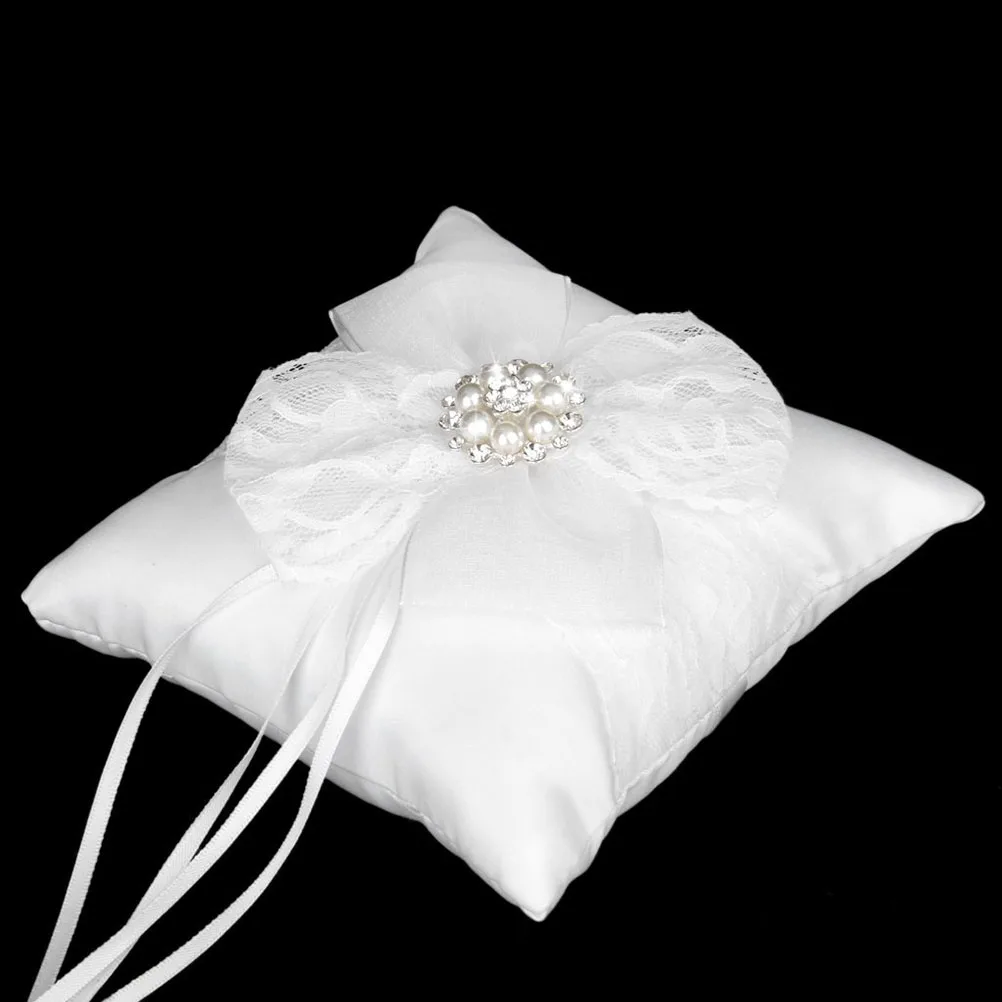 

15x15cm Wedding Pillow Bridal Bearer Pillow White Satin Ribbon Rhinestone Strap Ceremony Party Decoration