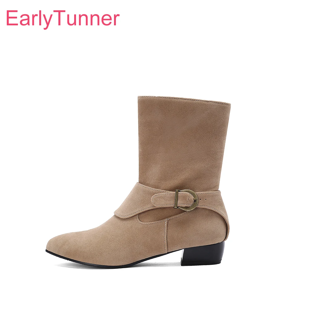 

2025 Новые зимние женские повседневные ботинки до середины икры для взрослых, бежевые, желтые, женские туфли на среднем каблуке с острым носком, большие размеры 11 43 45 48