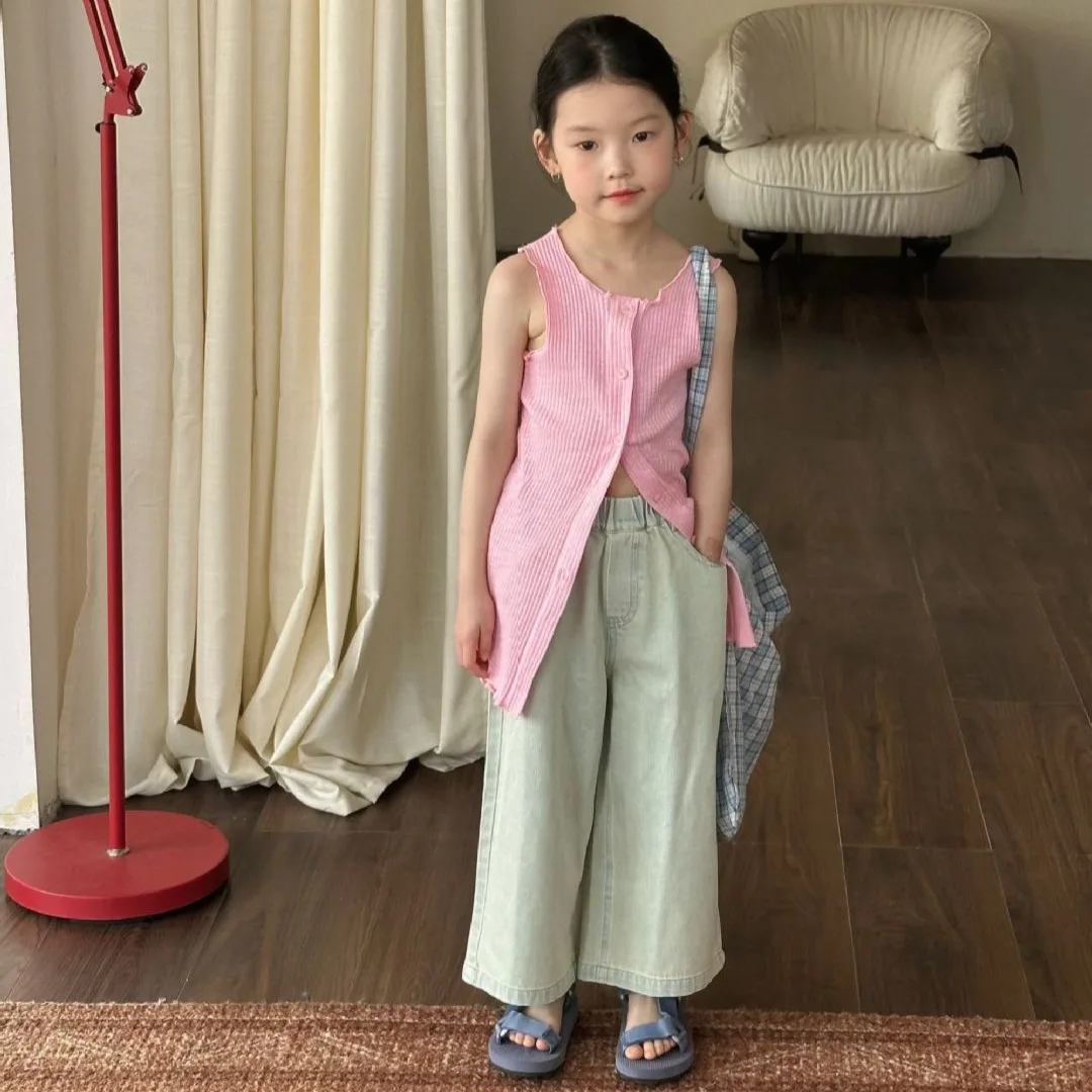 2025 Summer New Children's Clothing Korean Children's Clothing Girls Medium and Long Vest Sleeveless Single-breasted Vest