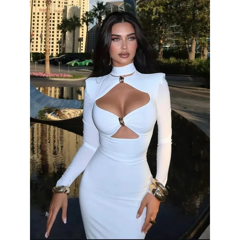 فستان أنيق بياقة مدورة، فستان طويل مثير بفتحات واسعة مع أكمام طويلة للحفلات المسائية