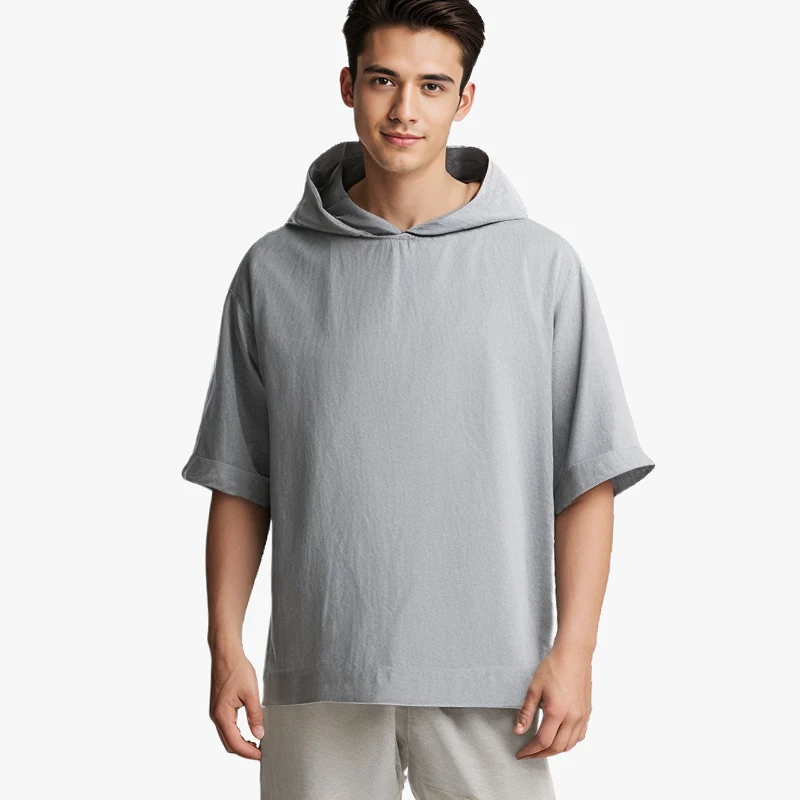 

Linen Shirts Men Solid Hooded Shirt Short Sleeve O-Neck Pullover Hoodie Beach T-Shirts Lightweight Hippie Yoga Tee Top With Hood