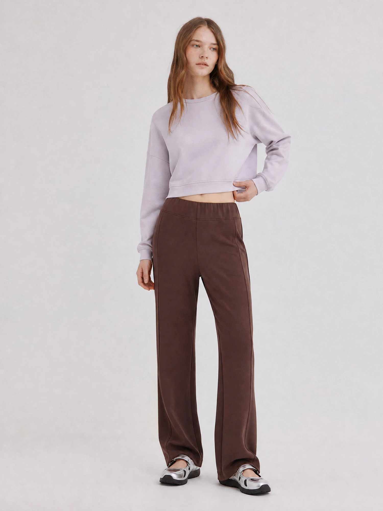 Women's Casual Knitted Pants Four-Way Stretch Elastic Waist Slimming Micro Flared Legs Comfortable Fit Polyester Blend