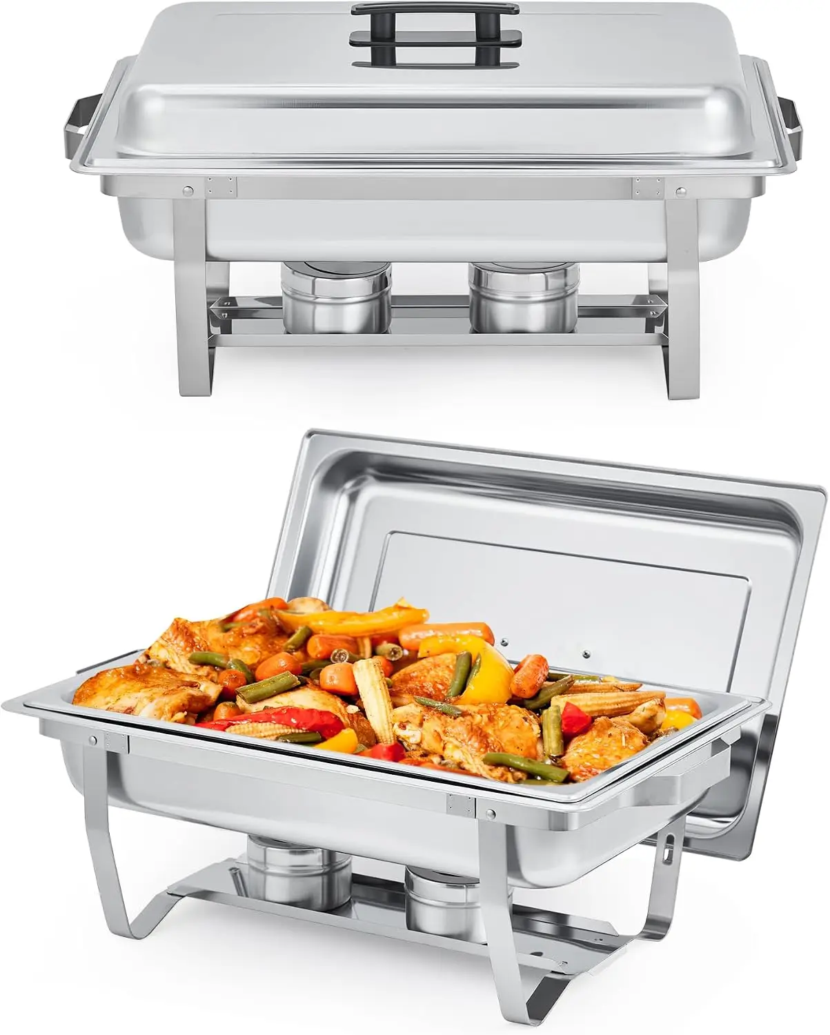 2-Pack 8 Qt Chafing Dishes for Buffet, Rectangular Stainless Steel Buffet Servers & Warmers with Lids & Foldable Frames, Catering Supplies for Parties & Weddings, Silver
