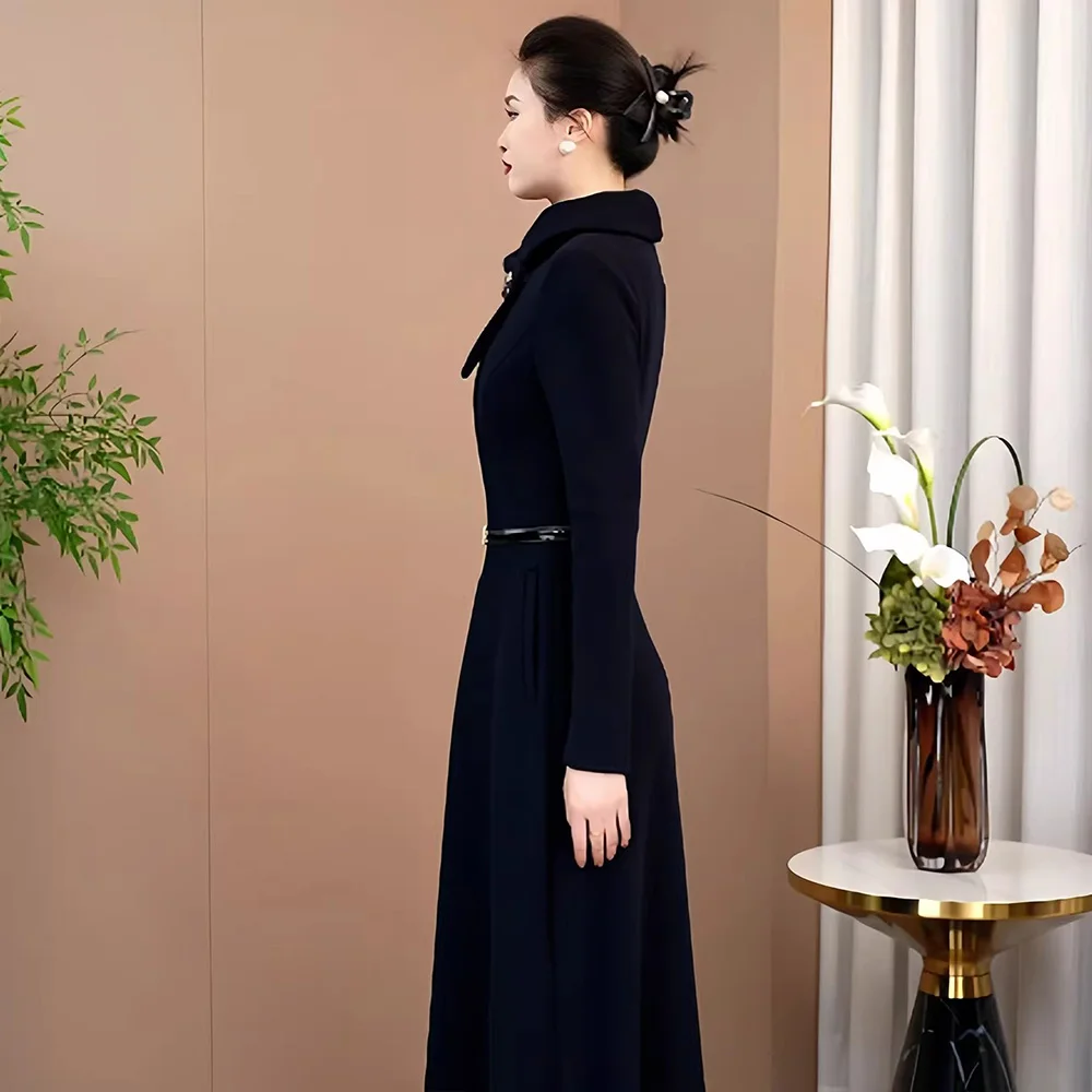 Nowa Elegancka Asymetryczna Długa Sukienka Damska Jesienno-Zimowa Modna Sukienka ze Stójką, Wysokim Stanem, Aksamitną Podszewką, Dopasowana Sukienka w Kolorze Granatowym