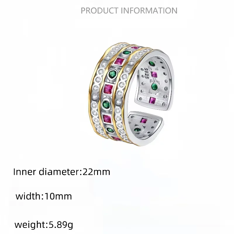 S925 Sterling Silver Wide Three Layer Zircon Ring Women Hollow Plated Gold Heavy Adjustable Finger Rings