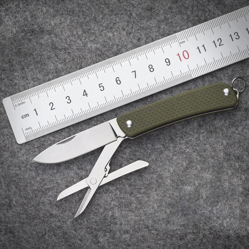 SRM  WA622 Mini EDC Pocket Folding Knife 12C27 Blade G10 Handle with Scissors Keyring NO LOCK