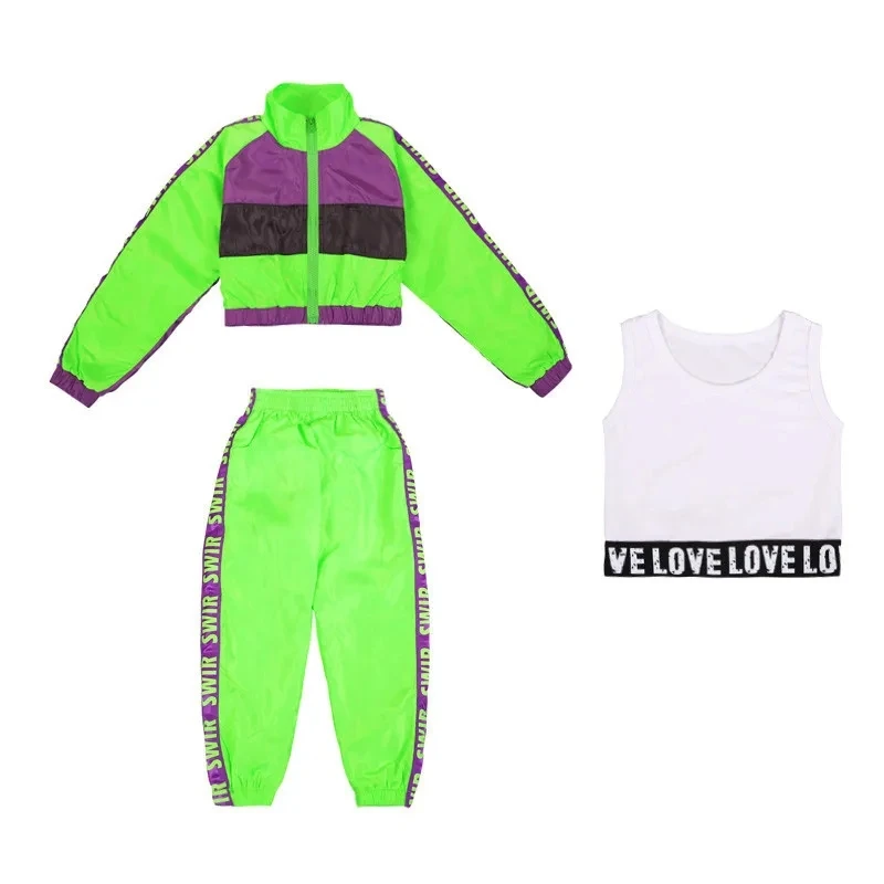 Green Children\'s Hip Hop Dance Wear Girls Jazz Modern Dancing Costumes Fluorescence Clothing Suits Kids Stage Costumes Outfits