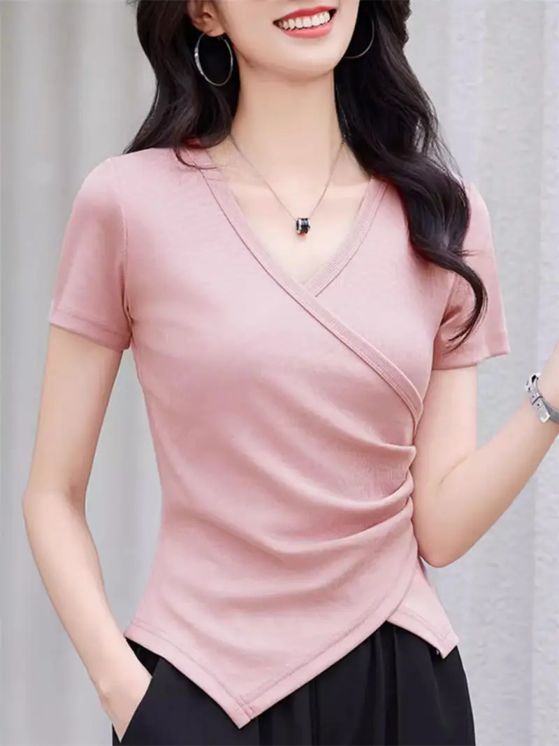 Pink V-Neck Short Sleeve T-Shirt For Women 2026 Summer New Item Irregular Cross Waist Slimming Classic Top High-Quality K2140