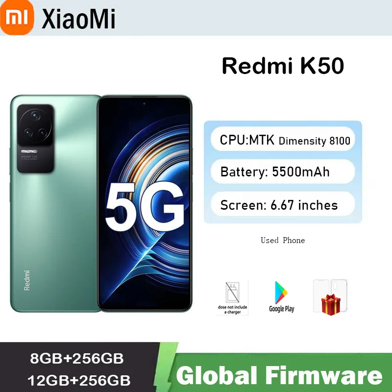 Global firmware xiaomi Redmi k50 5G Smartphone Unlocked CPU MediaTek Dimensity 8100 6.67 inch Screen 48MP Camera used phone