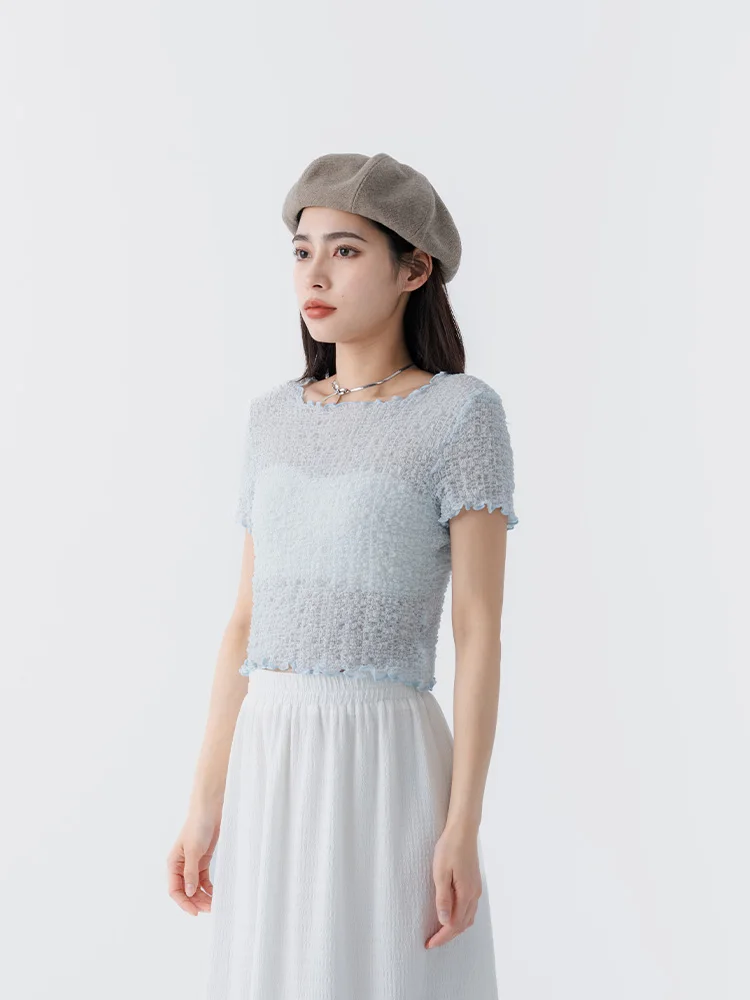 

Футболка Queenshop: Новинка Весна-Лето, женская, повседневный стиль, с коротким рукавом, плиссированная, с текстурой под дерево, дышащая, из полиэфирного волокна