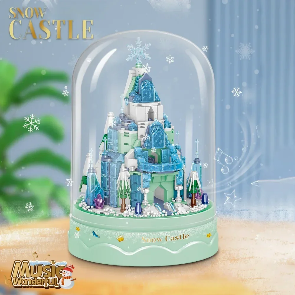 Music Snowflake Castle Mini Block Toy - Including Fan Music Simulation Snowflake Scene Acrylic Dust Cover Toy Gift Model