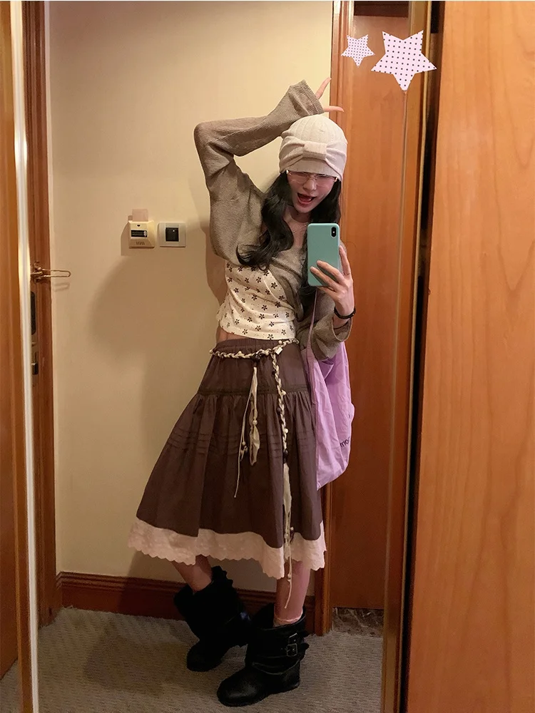 

Женская юбка MOWENTI А-силуэта с высокой талией, пэчворк, коричнево-розовая, весенняя, модная, средней длины, многослойная, в стиле Forest System