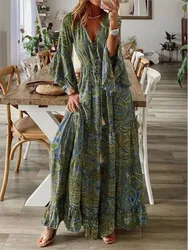 Spring Autumn Women's Fashion Bohemian Style Flare Sleeves Printed V-neck High Waist Dress Fragmented Flower Women's Long Dress