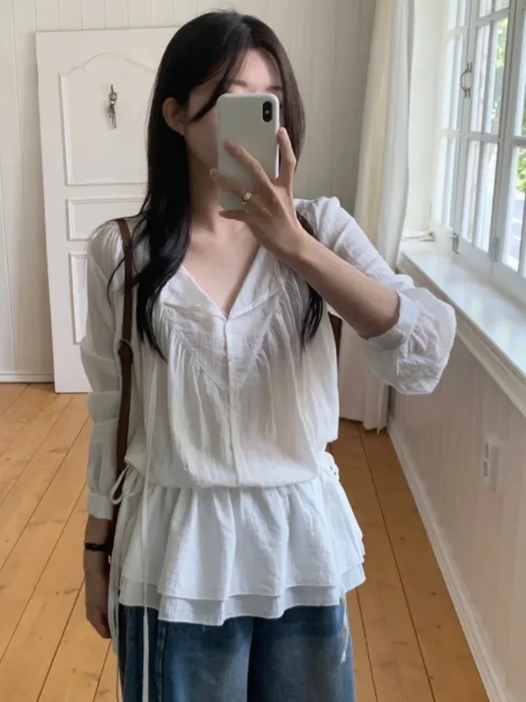 

Spring Autumn Design Sense Pleated irt Women Long Sve V-ne Belt Waist Slimming irt Top Korean Sle Casual Wear