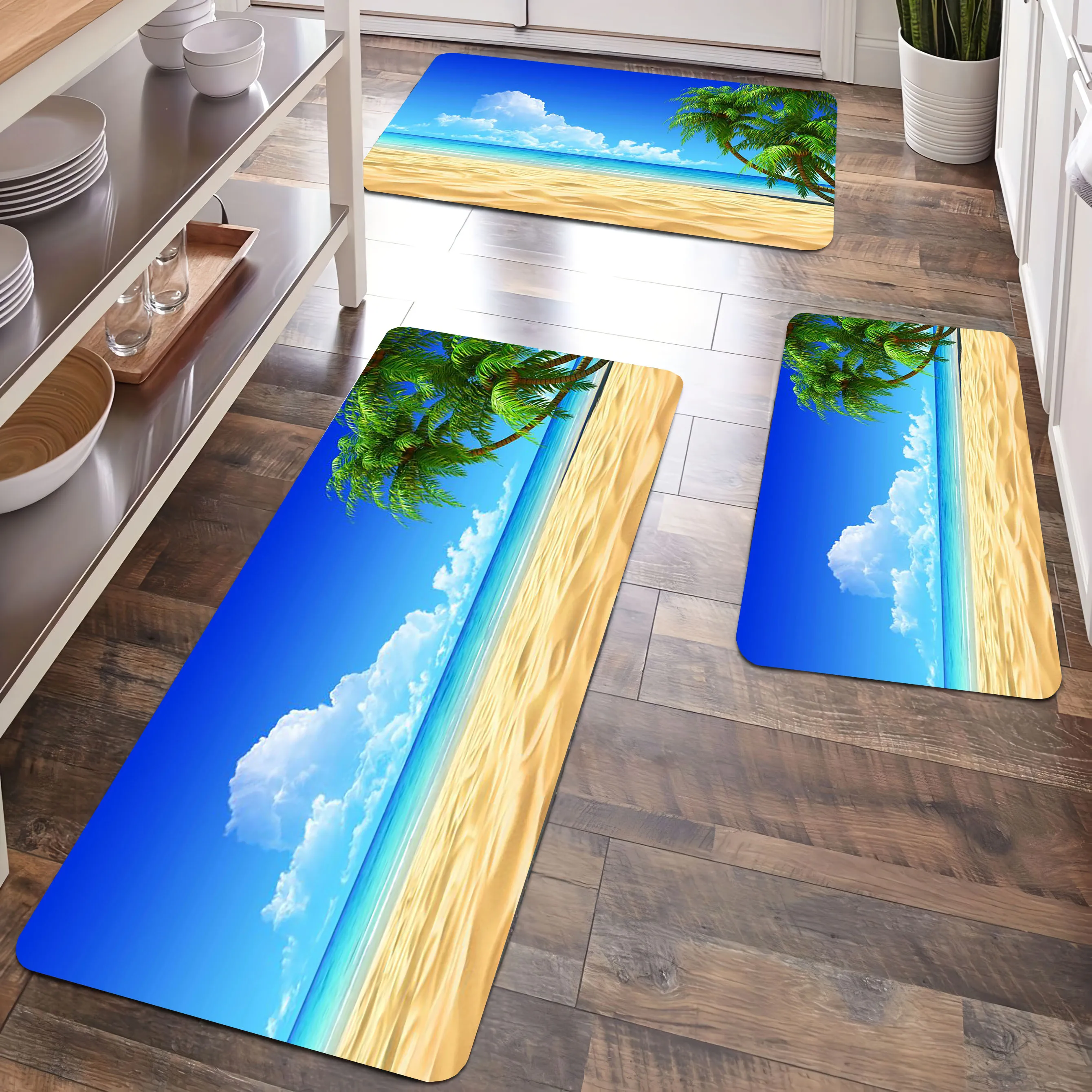 Seaside Blue Sky Scenery Pattern Kitchen Carpet Bathroom Mat Non-silp Flannel Doormat for Home Decorative Accessories Floorpad