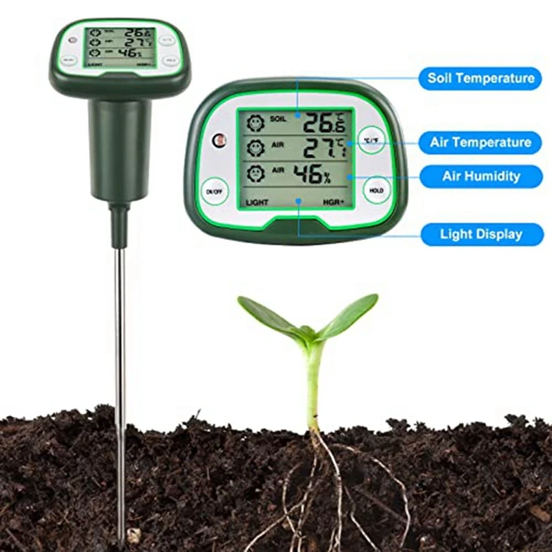 Digital Soil Thermometer 4-In-1 Soil Tester Soil Thermometer/Light/Air Temperature/Air Humidity Meter