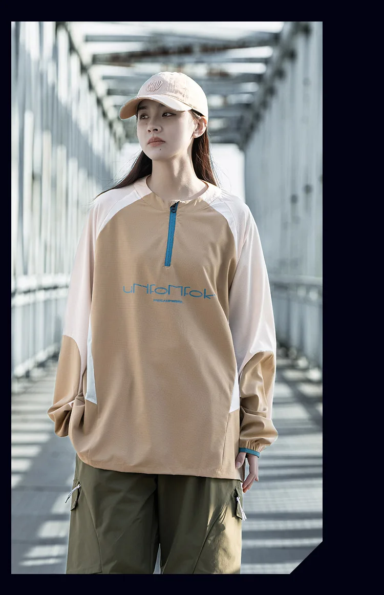 Contrast Color Design Quick Dry Half-zipper Cycling Hoodies Summer Man High Street Outdoor Tactical Long Sleeve Tops