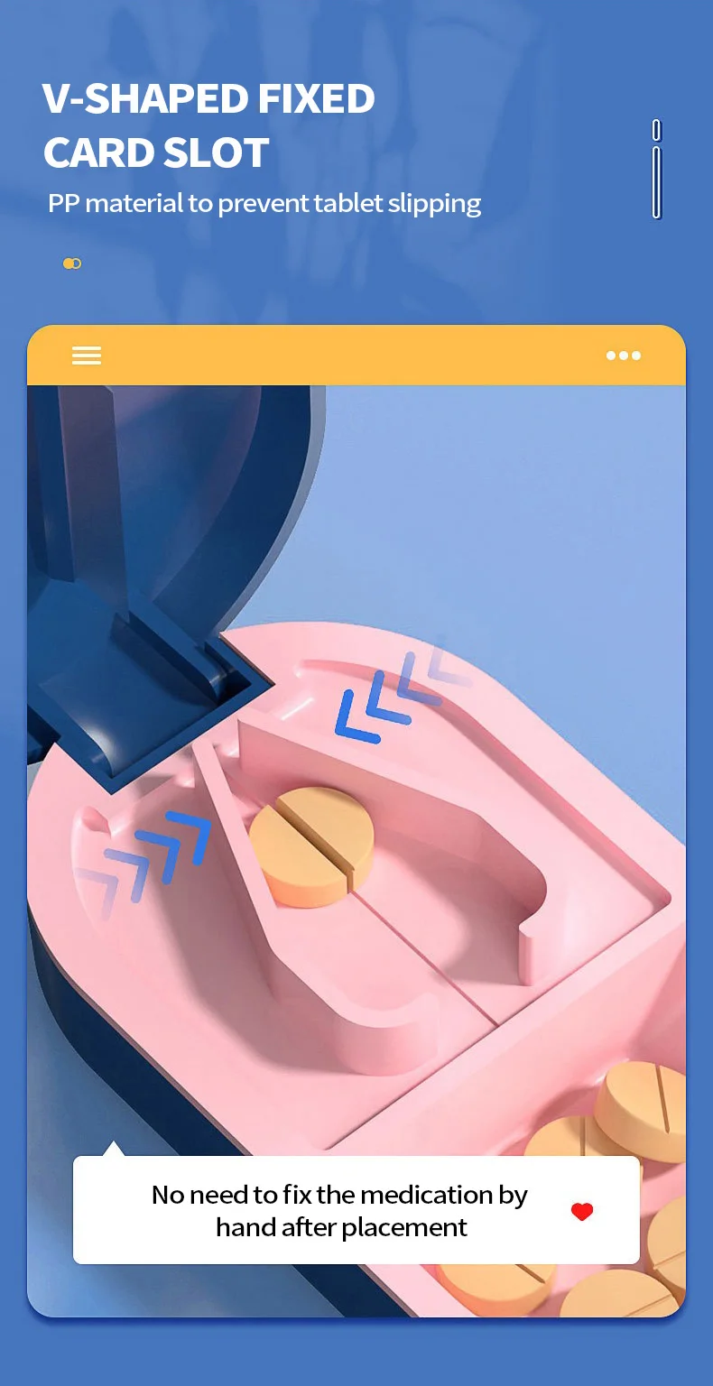 Tragbarer Pillenteiler 2-in-1 Pillendose mit Edelstahlklinge, geeignet zum Schneiden von Vitamin- und Tabletten in 1/2 und 1/4 Stück. – Detail 6