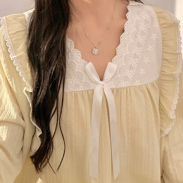 Women Spring Pajamas with Breast Cushion Solid Color Sexy Sweet Pyjamas Lace Long Sleeve Nightgown Set Lacework Bow Sleepwear