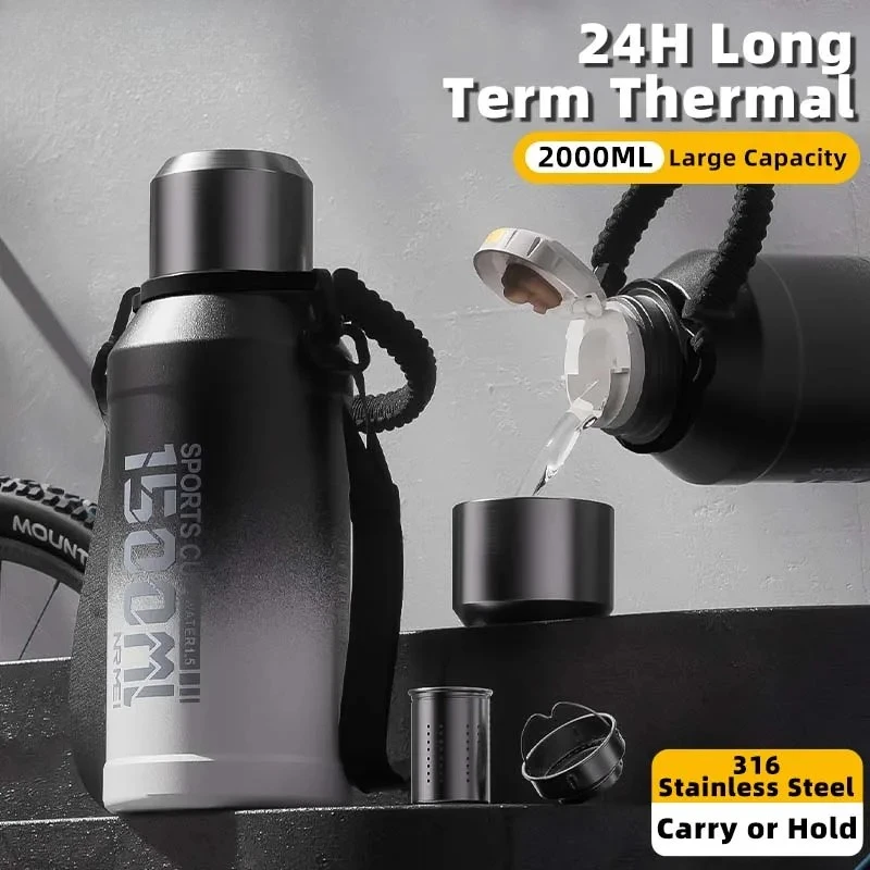 

Large Capacity Outdoor Portable Thermos Bottle with Carry Strap, Gradient Color Sport Water Bottles, 1000 ml-2000ml