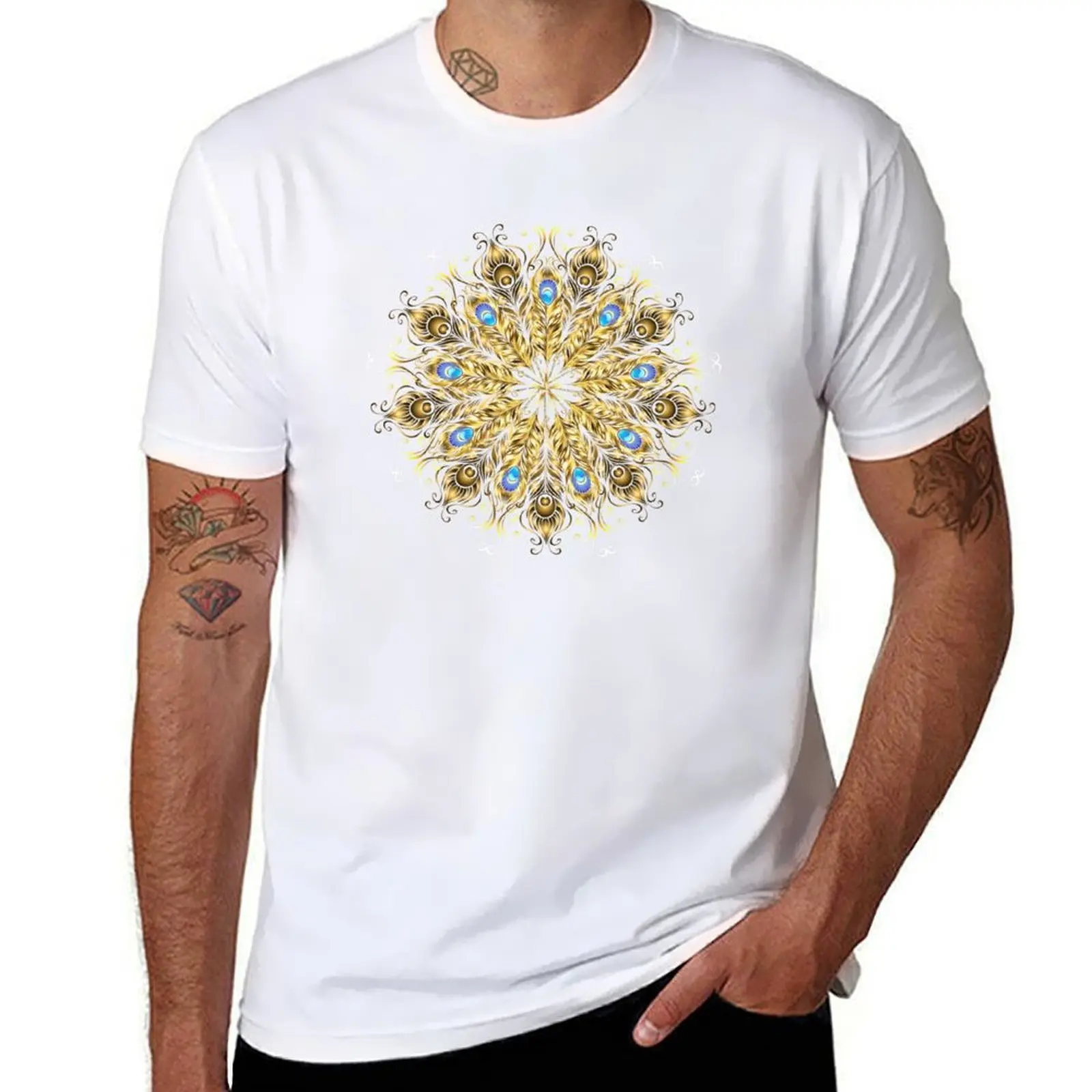 

Mandala of the Golden Peacock Feathers T-Shirt printed t shirts for man t shirts for man pack white T-Shirt