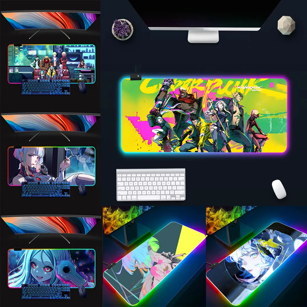 C-Cyberpunk Anime E-Edgerunners RGB Pc Gamer Tastiera Mouse Pad Mousepad LED Incandescente Tappetini per mouse Gomma Gaming Computer Mausepad